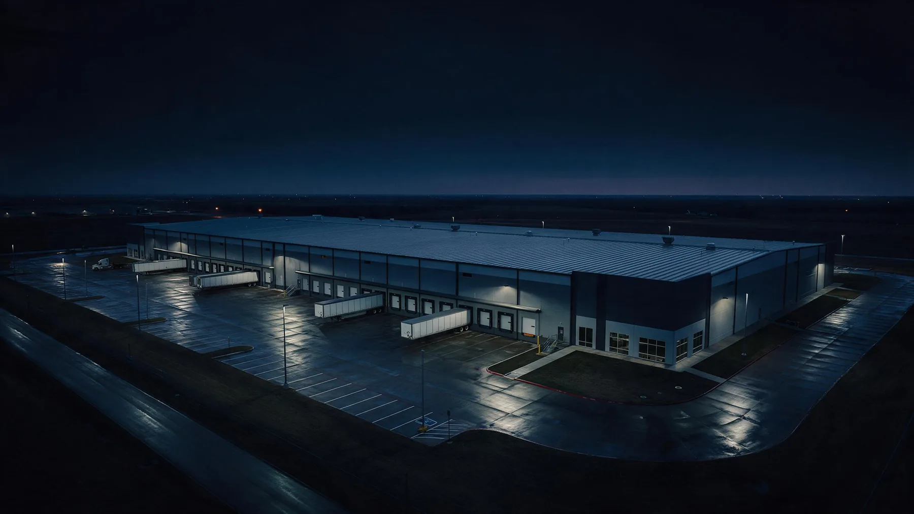 Industrial distribution facility exterior lit at night, representing TGPS commercial and industrial property operations